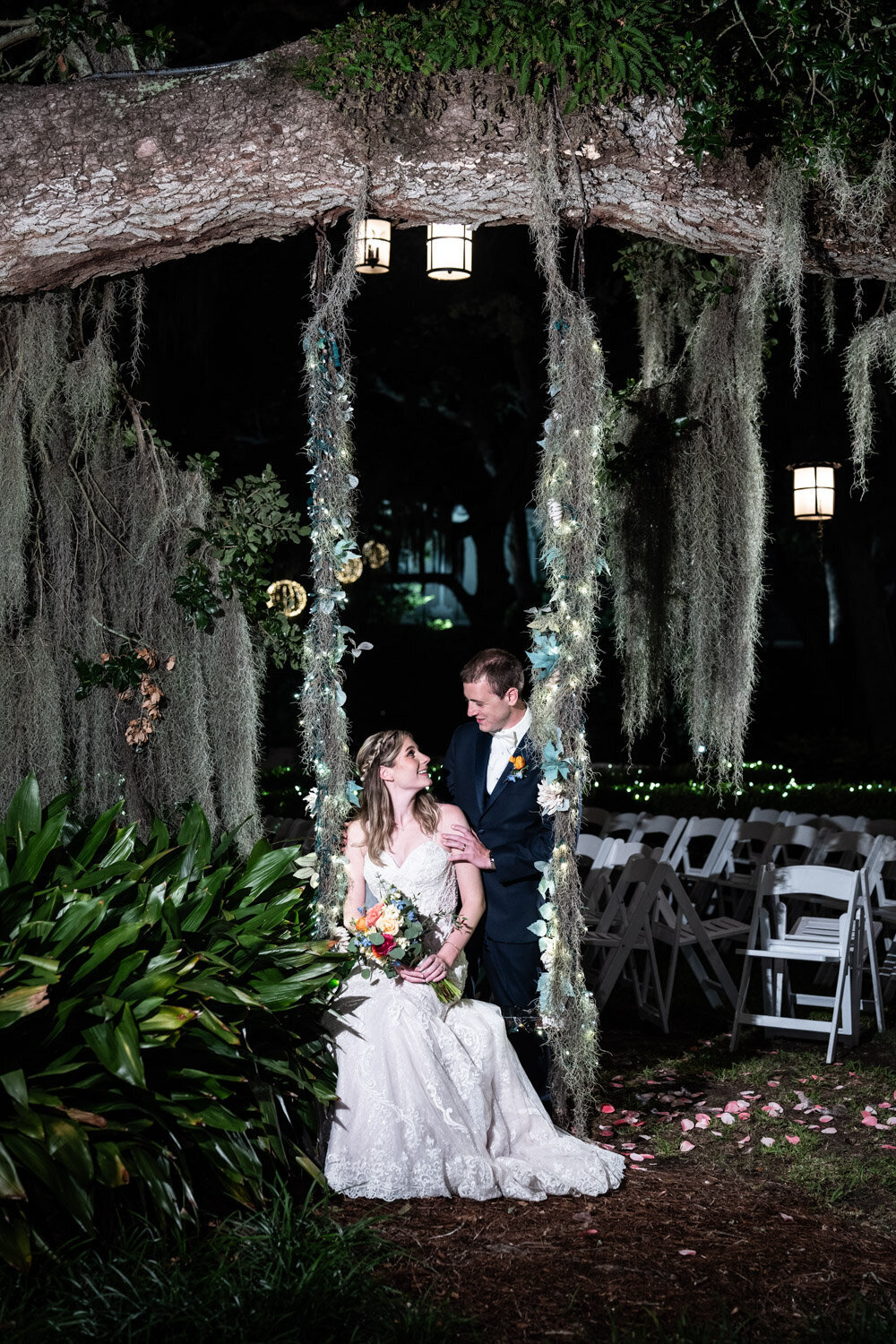Couple by tree swing at Southern Oaks