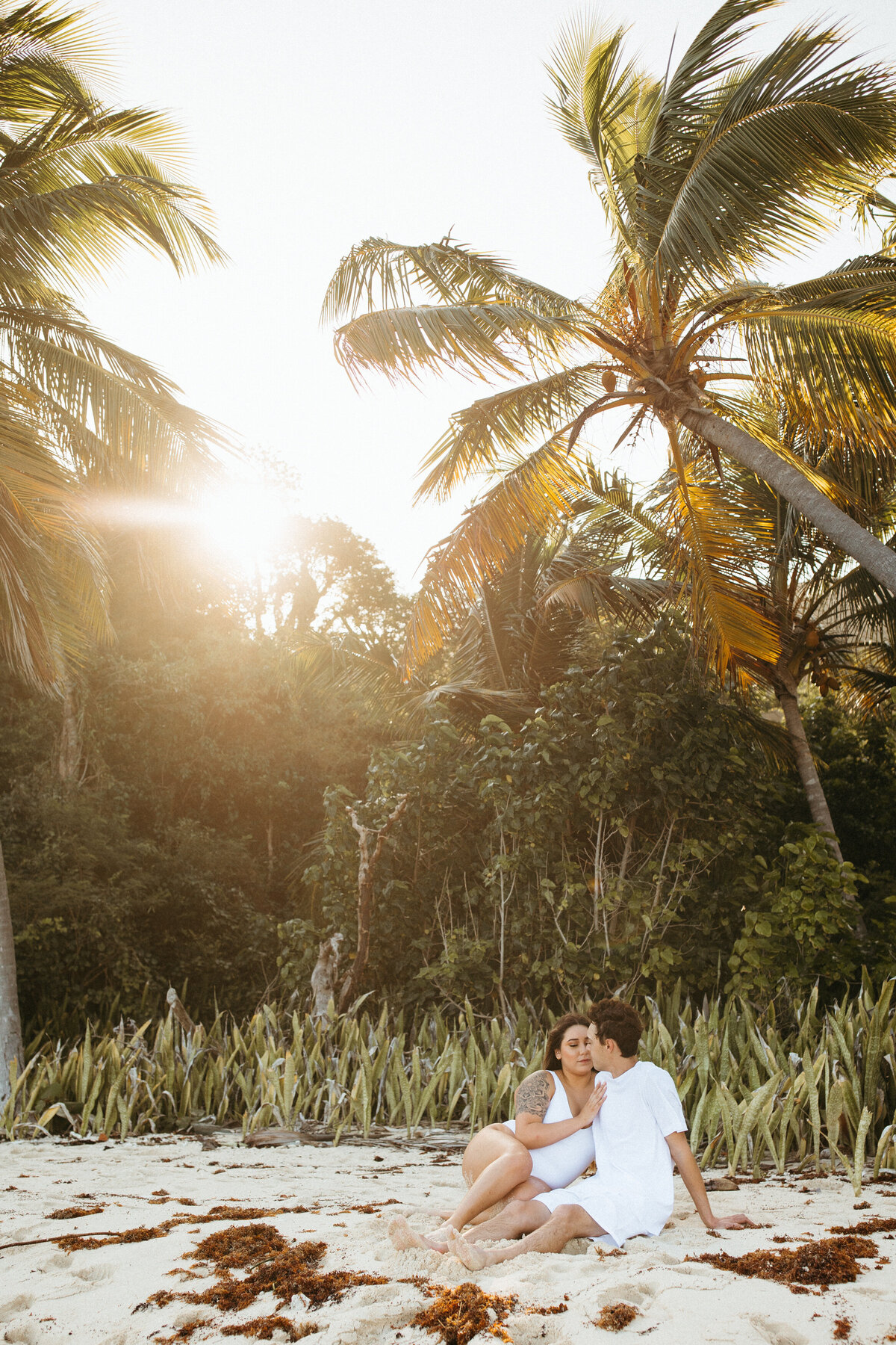 A couple sitting on a sandy beach at sunset, surrounded by tropical foliage and the warm glow of the sun