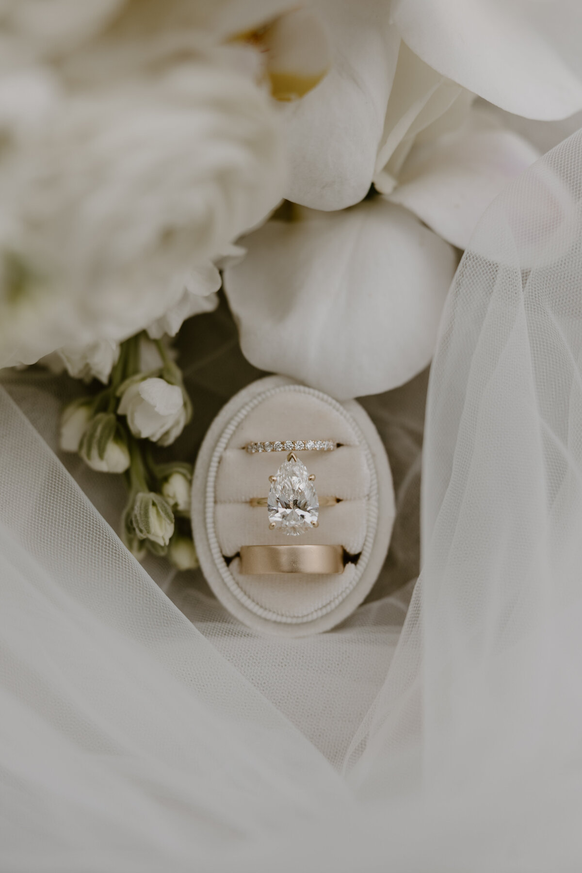 Wedding rings styled with floral details at an Asheville destination wedding.