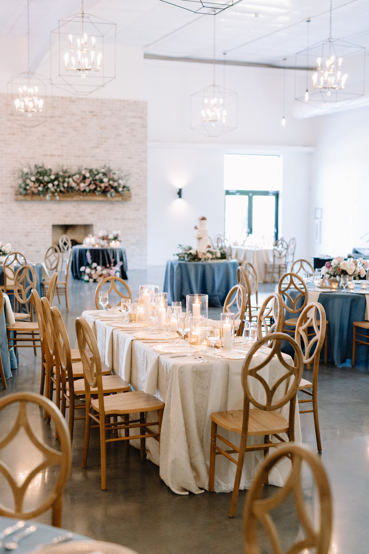 blue and white candle lit reception