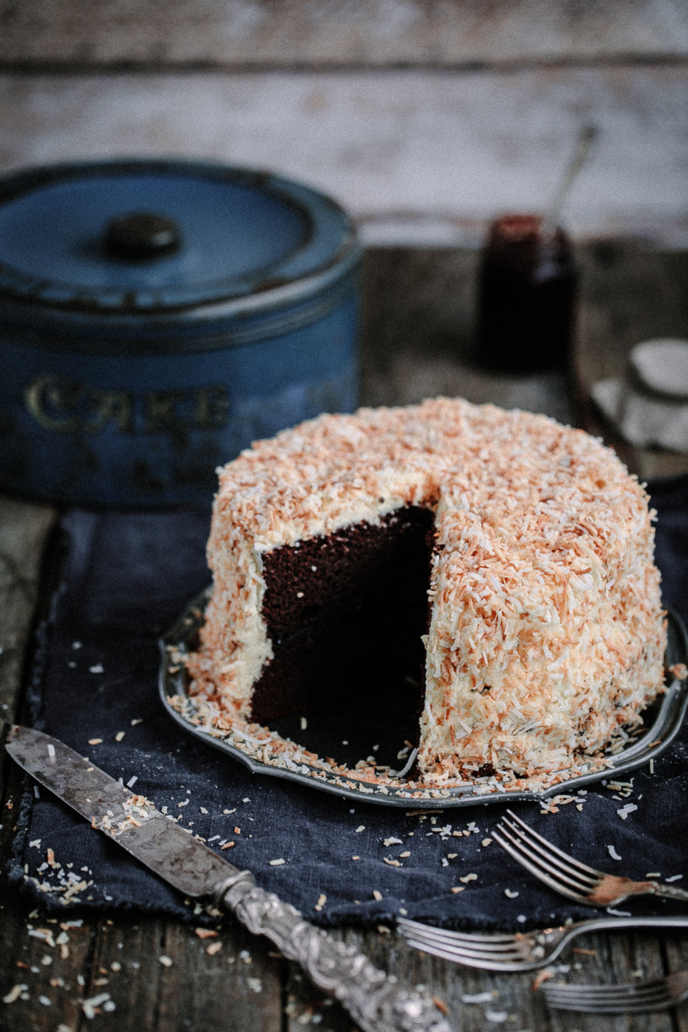 Chocolate Raspberry Jam Layer Cake with White Chocolate Buttercream and Toasted Coconut | Anisa Sabet | The Macadames-21