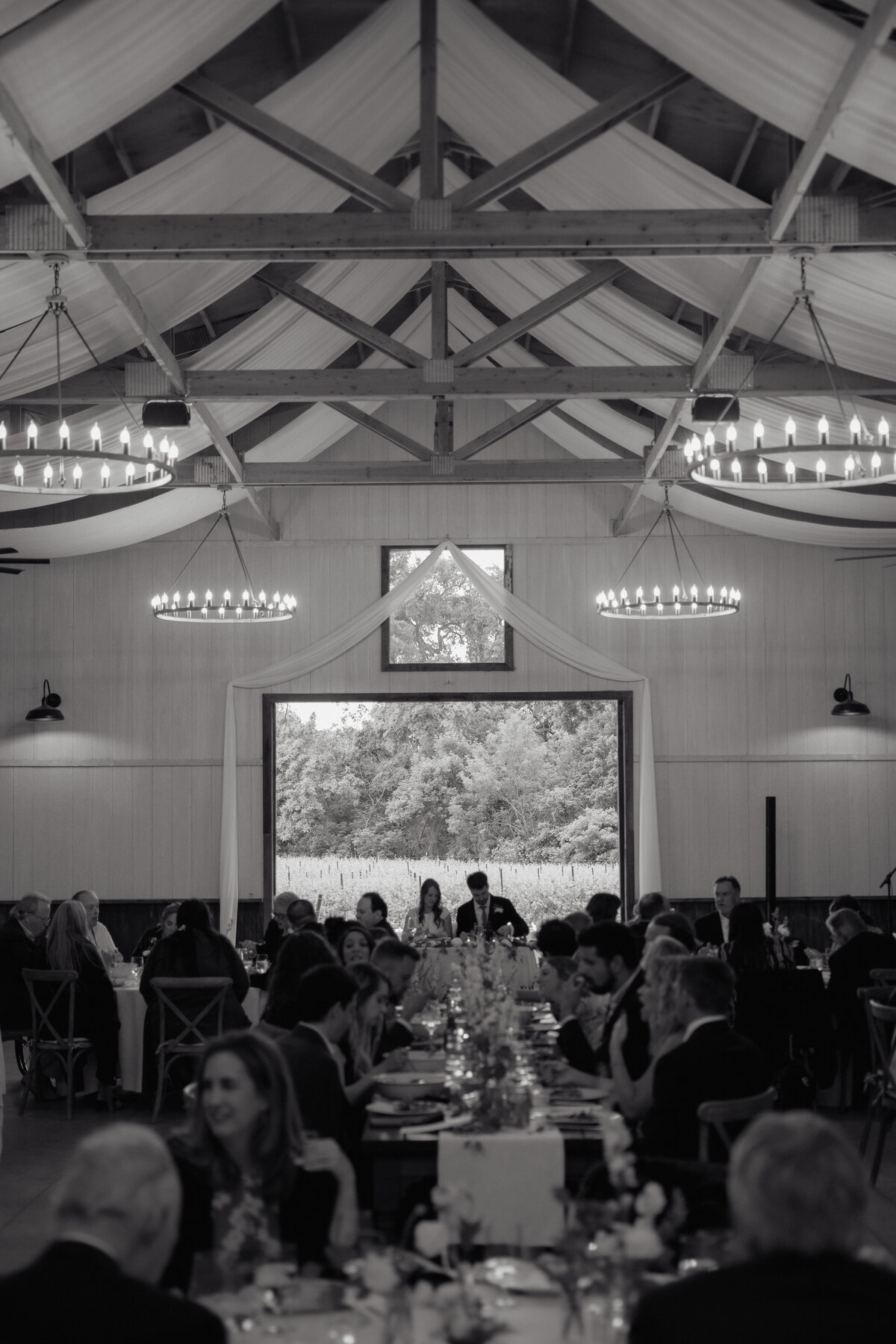 Guests enjoy an intimate barn wedding reception with warm candlelit chandeliers, draped ceilings, and a view of the vineyard through open doors.
