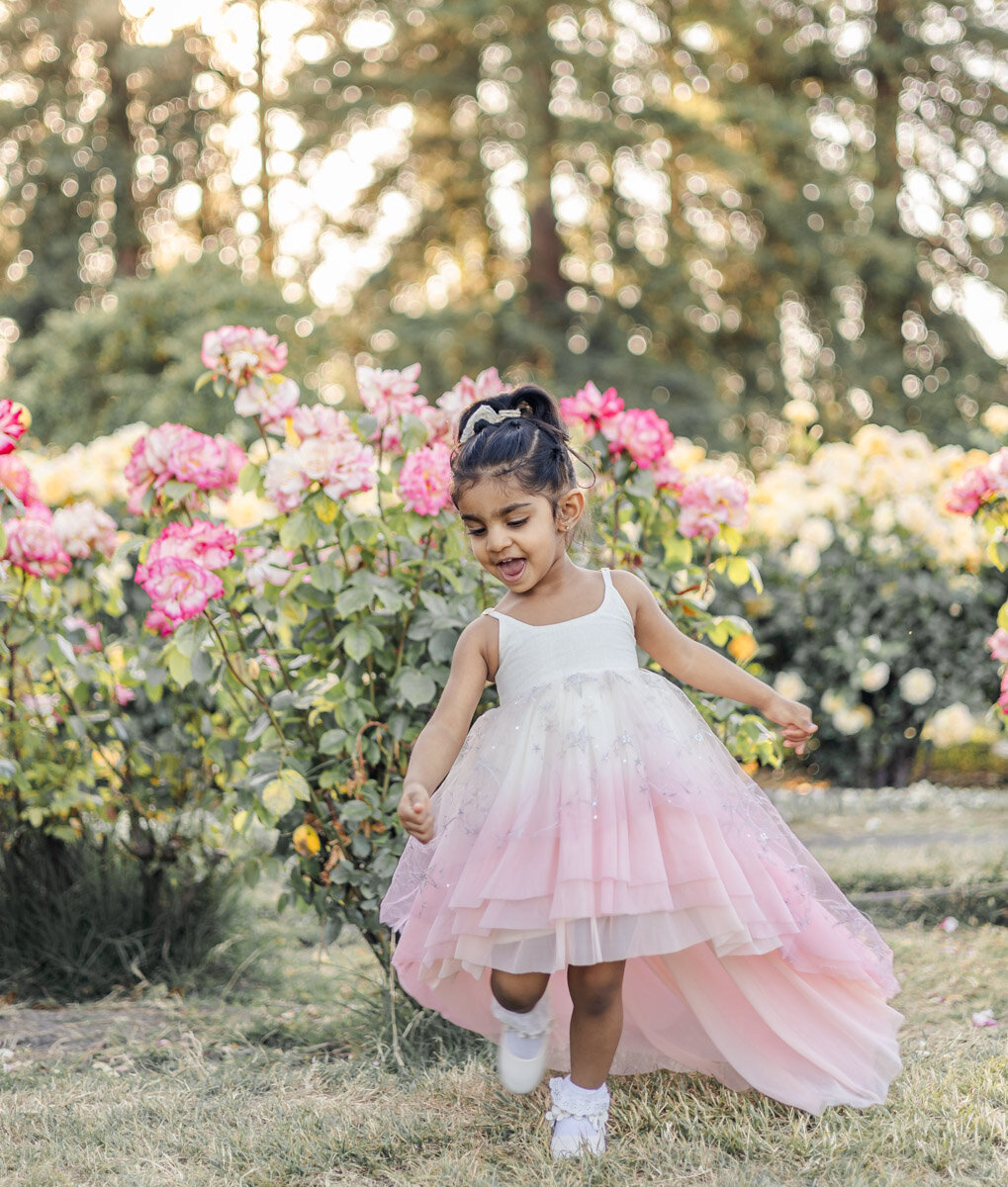 Toddler girl twirling and dancing in a peach color dress among blooming roses during sunset session at San Jose Rose Garden