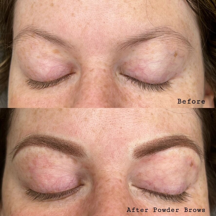 before and after pictures of person with powder brow tattoos.
