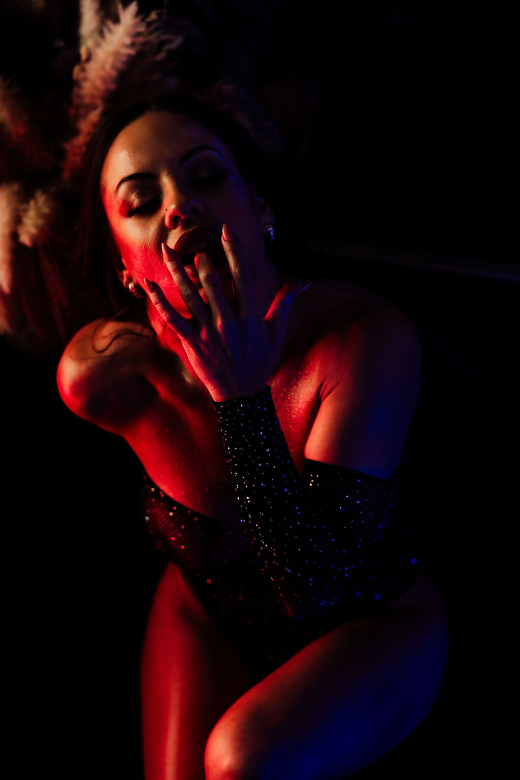 Boudoir photography woman in black lingerie with neon lights Lubbock, Texas Boudoir photographer in Amarillo TX