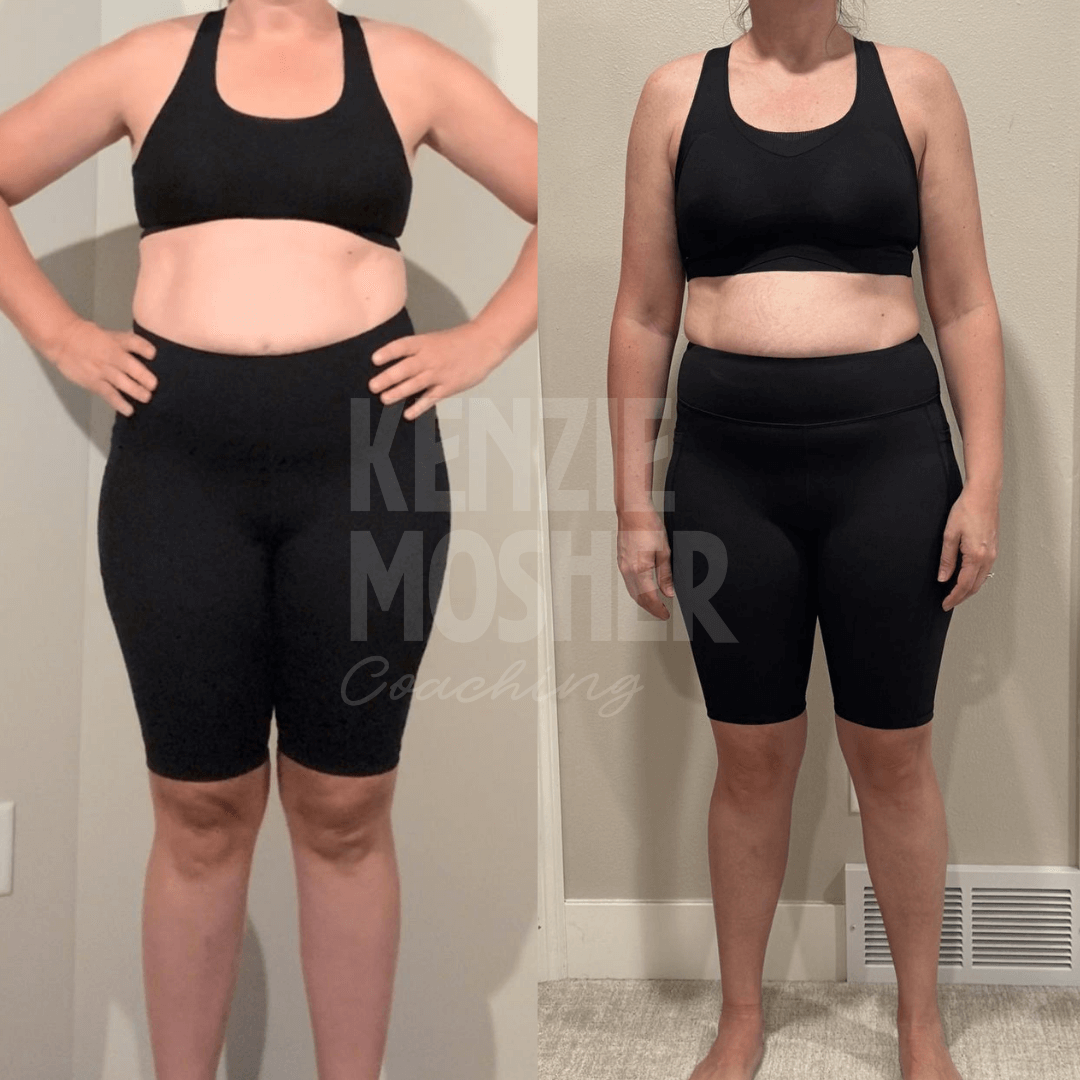 Transformation from perimenopause weight gain to leaner, healthier physique.