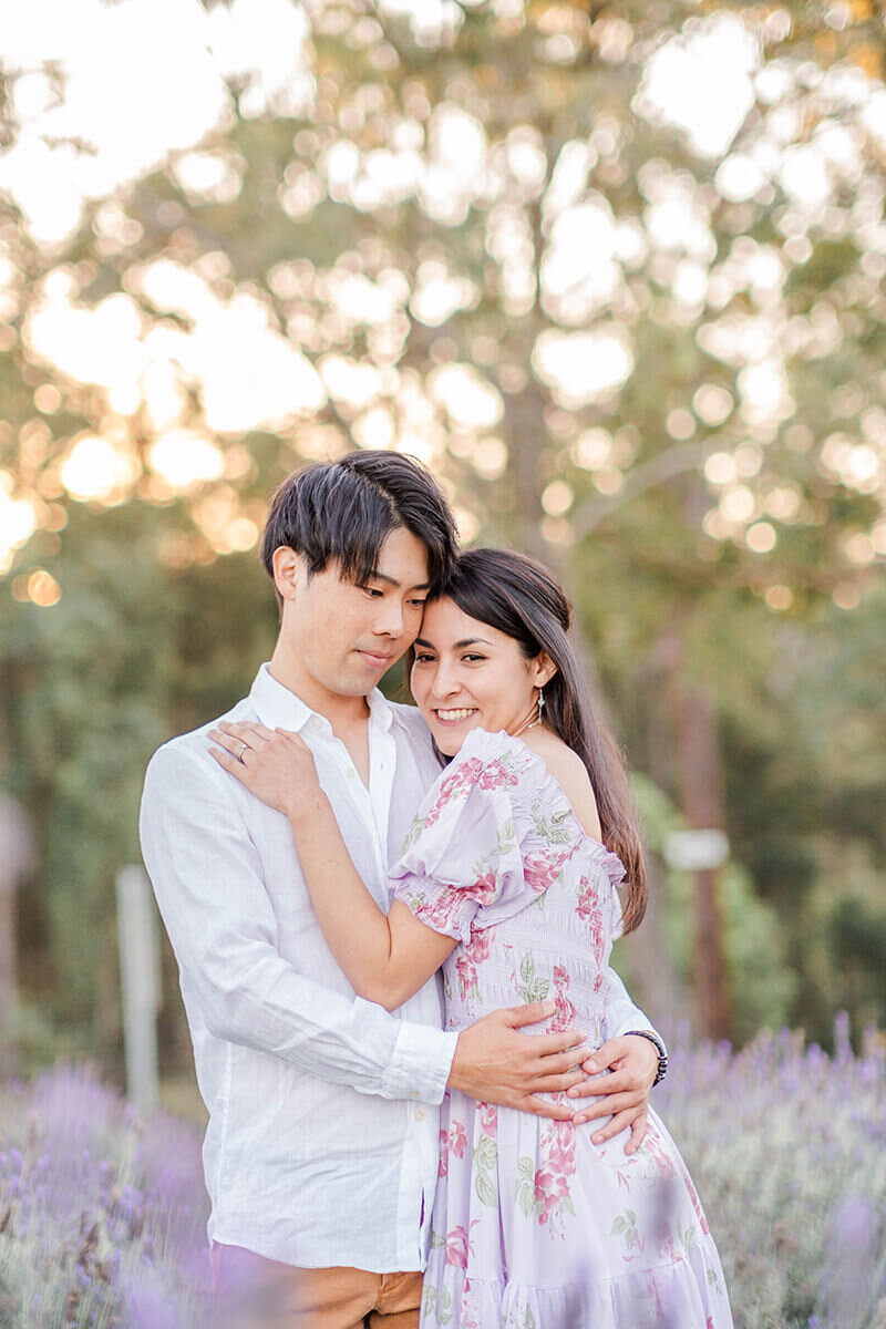 Engagement photos at sirromet winery lavenders at golden hour