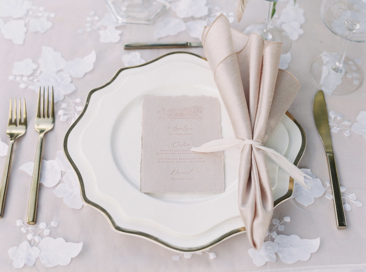 Pink and Gold Wedding Table Design with Letterpress Menu