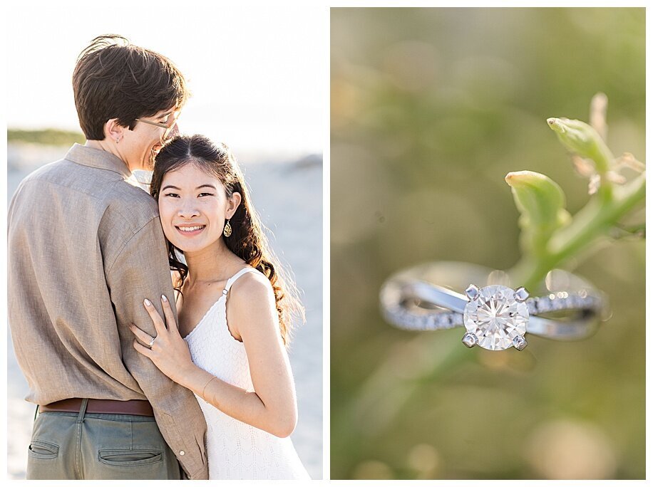 engagement ring and couple hugging