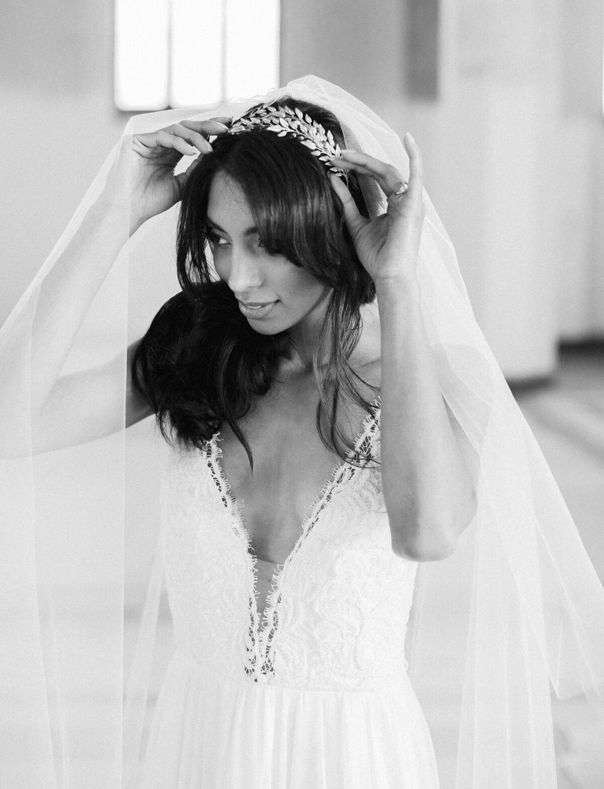 bride with leaf headpiece, Greece film wedding photographer