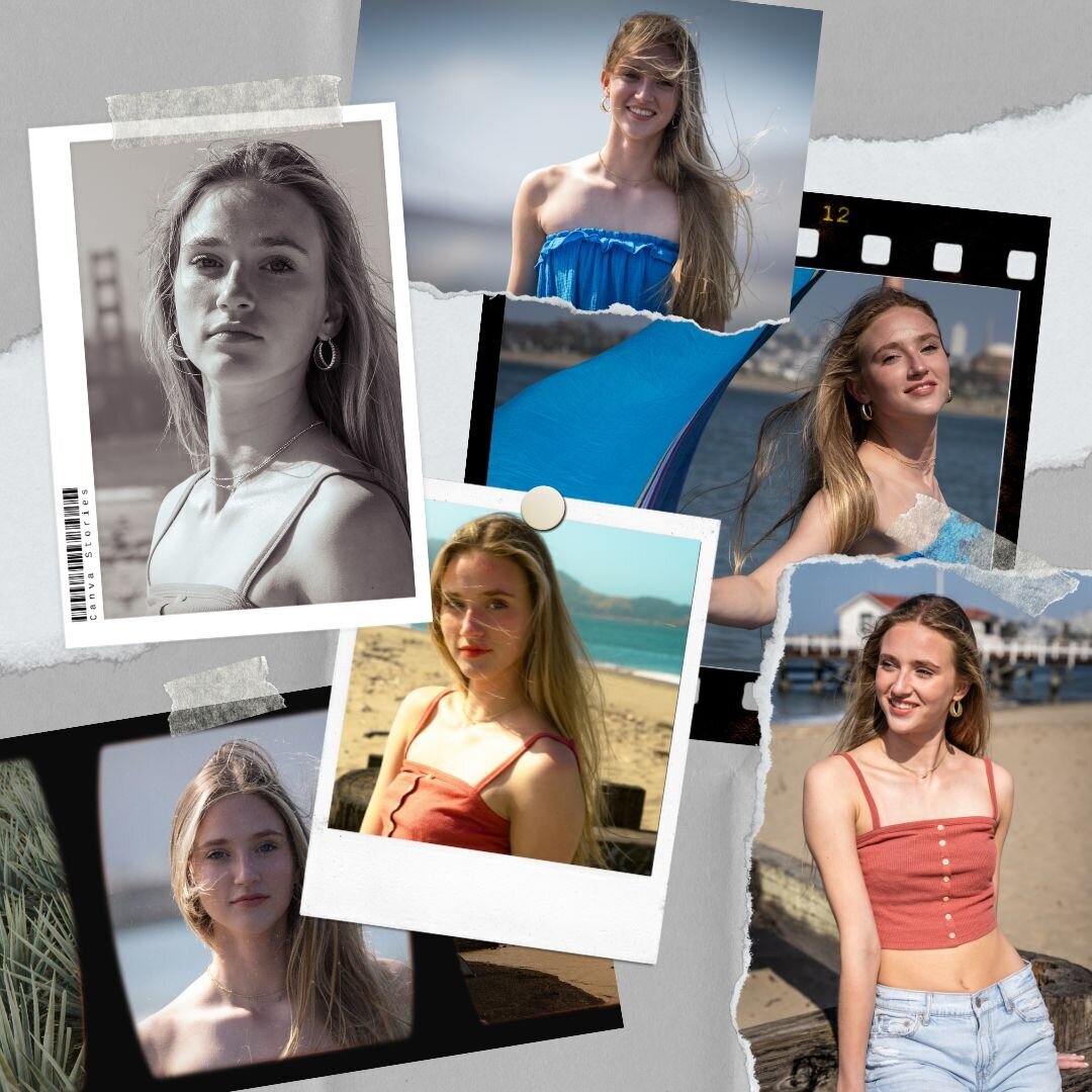 Collage of a beautiful woman posing in various fashions at the beach