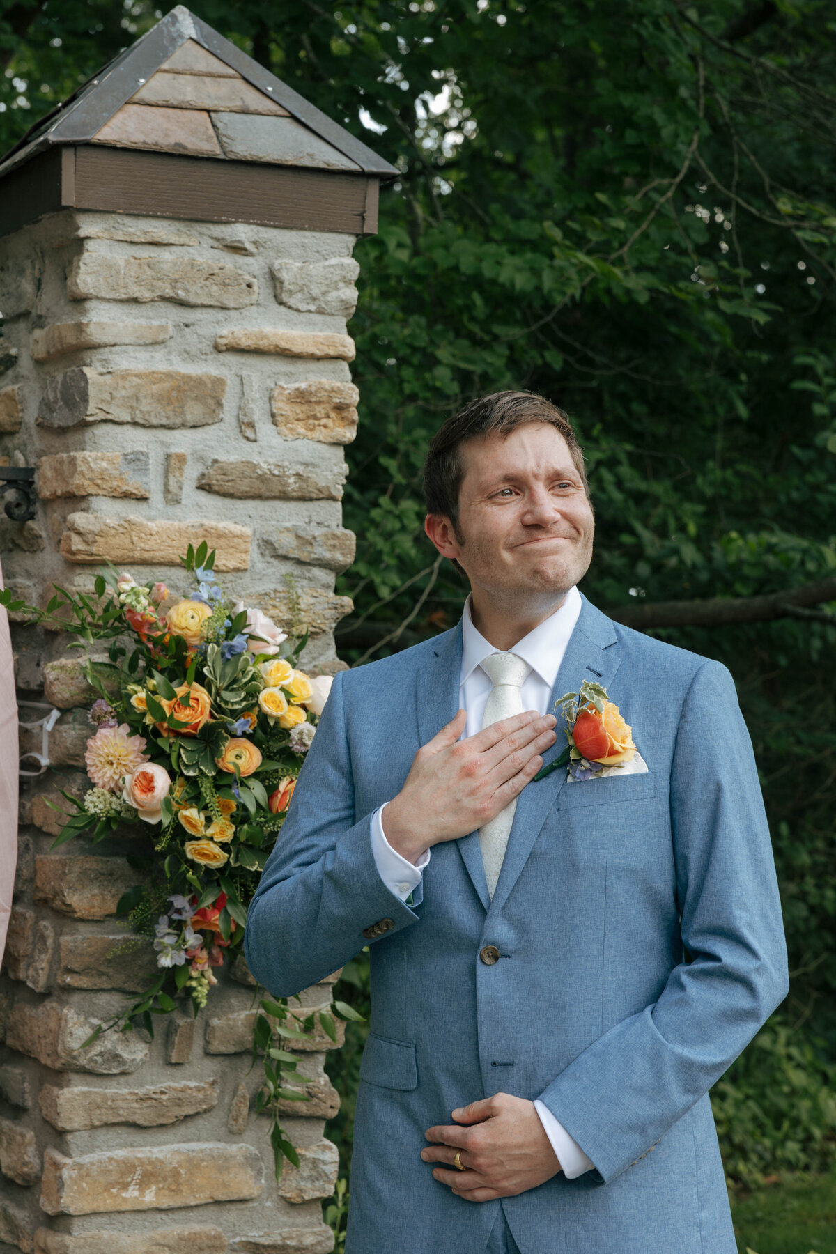 Groom reaction to his bride walking down the aisle at Groesbeck Estate 