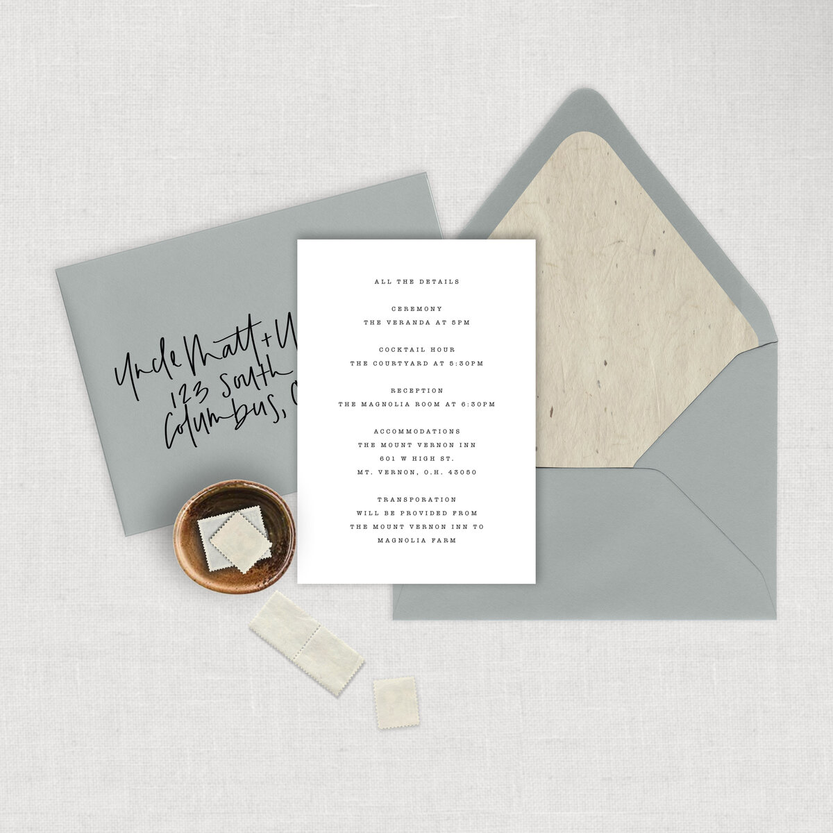 Typewriter wedding invitation suite is a simple wedding invitation detail card with calligraphy mailing envelope and a Japanese textured envelope liner.