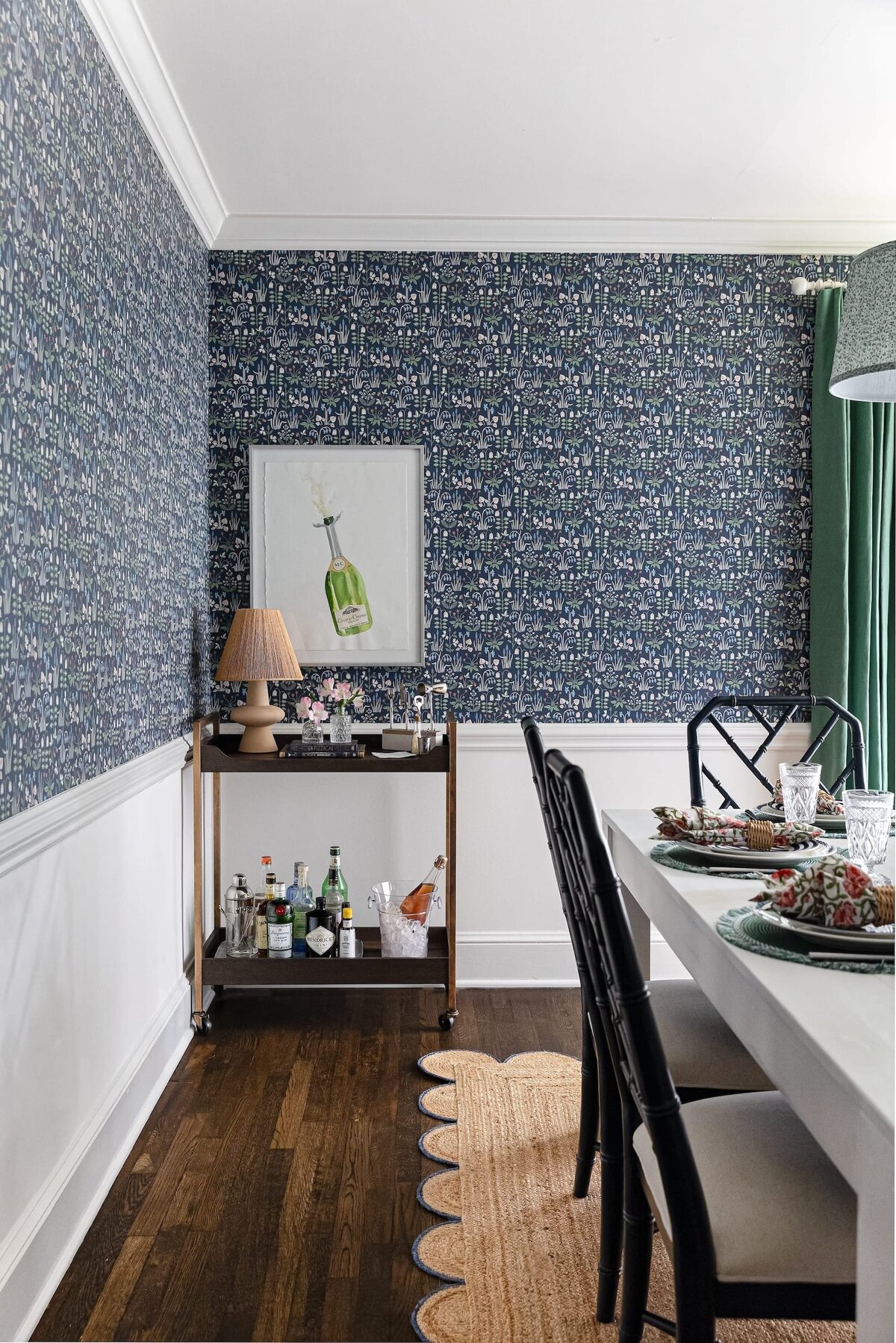 melinda chesson interiors chesson house dining room bar cart scalloped rug floral wallpaper