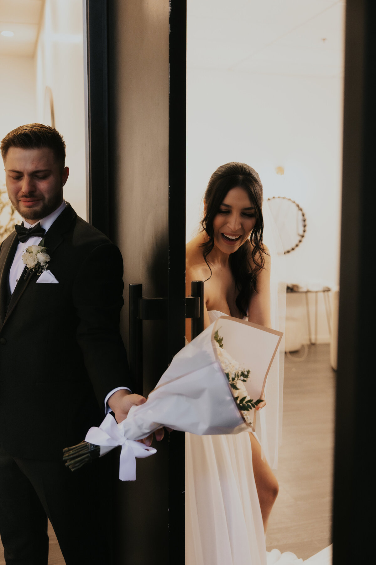 Bride and groom doing a first look at the wedding venue at the croft downtown