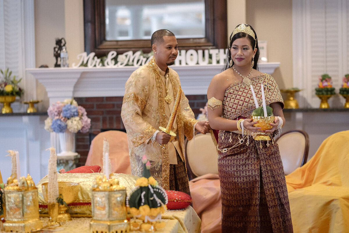 Bride and Groom in Traditional Khmer Wedding Ceremony Outfits | Khmer Wedding Photographer, Phavy Photography