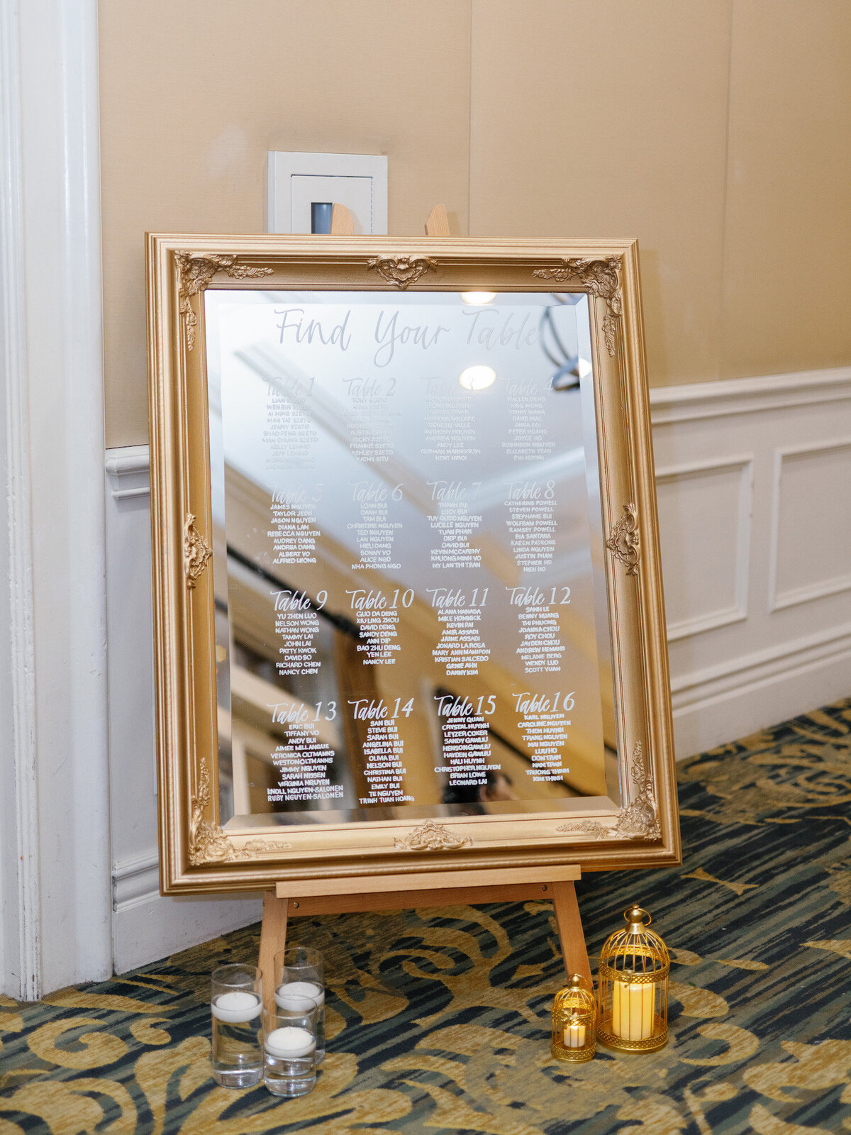 Champagne gold mirror rental for wedding seating chart in the Bay Area
