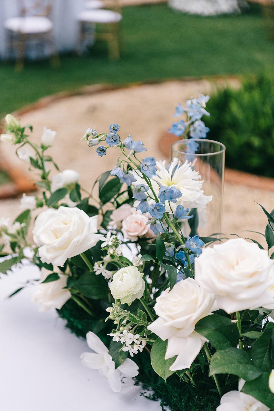 White and blue floral centerpieces designed by Abby Grace Florals at Greenville SC wedding