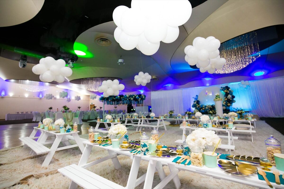 Balloon clouds and party table layout
