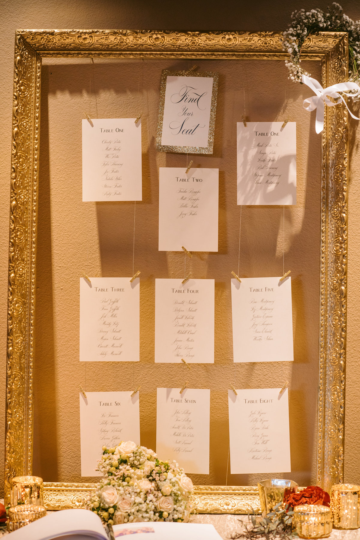Lake Tahoe Wedding Planners gold frame seating chart at venue The Resort at Squaw Creek, Lake Tahoe, Joy of Life Events image by Charleston Churchill