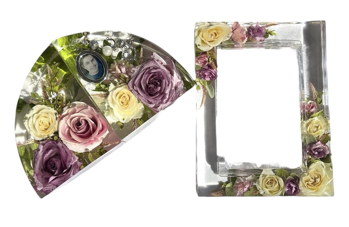 4x6 frame and arch resin block made with bright pink and purple wedding flowers preserved as a family keepsake
