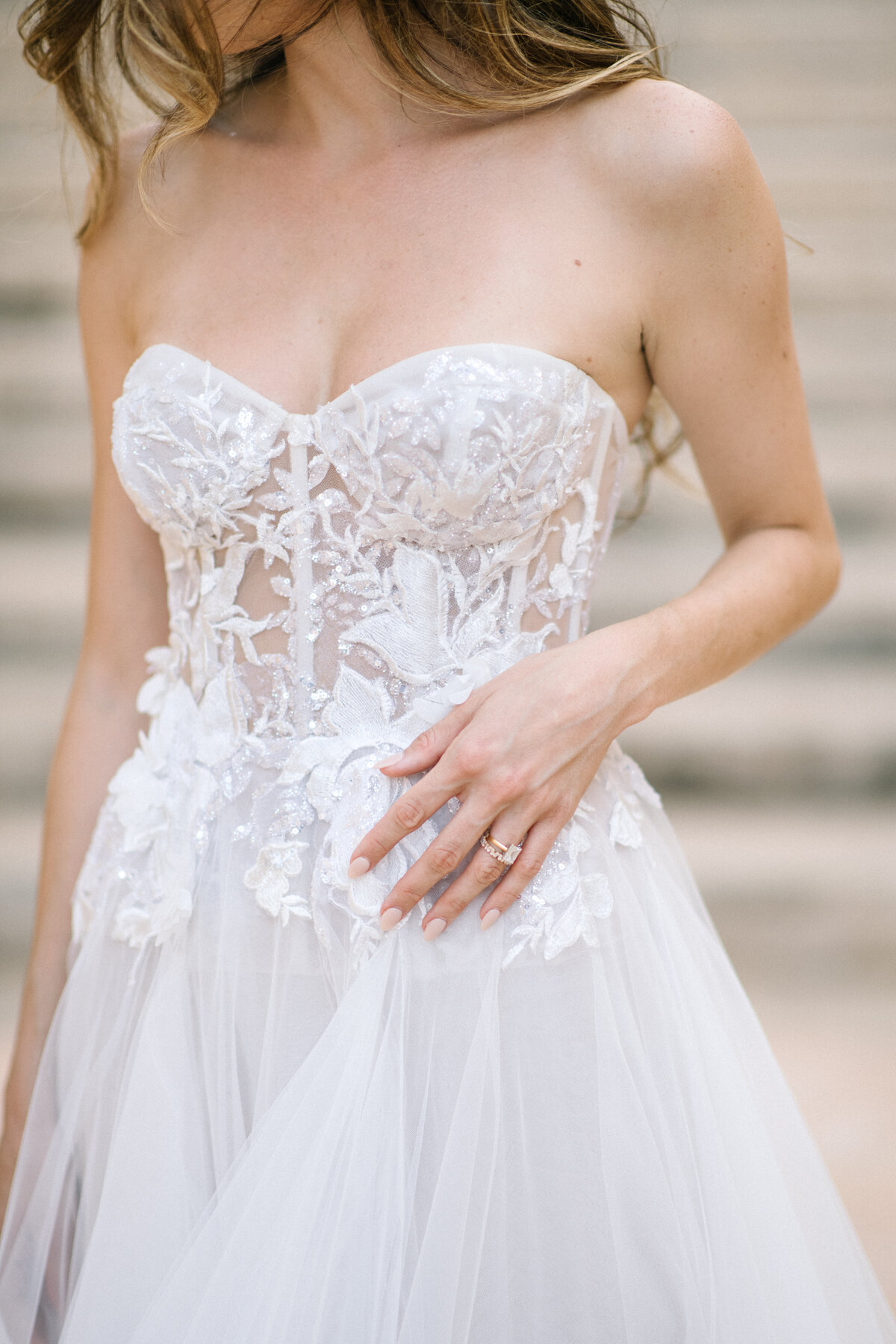 muse by berta wedding dress detail and engagement ring
