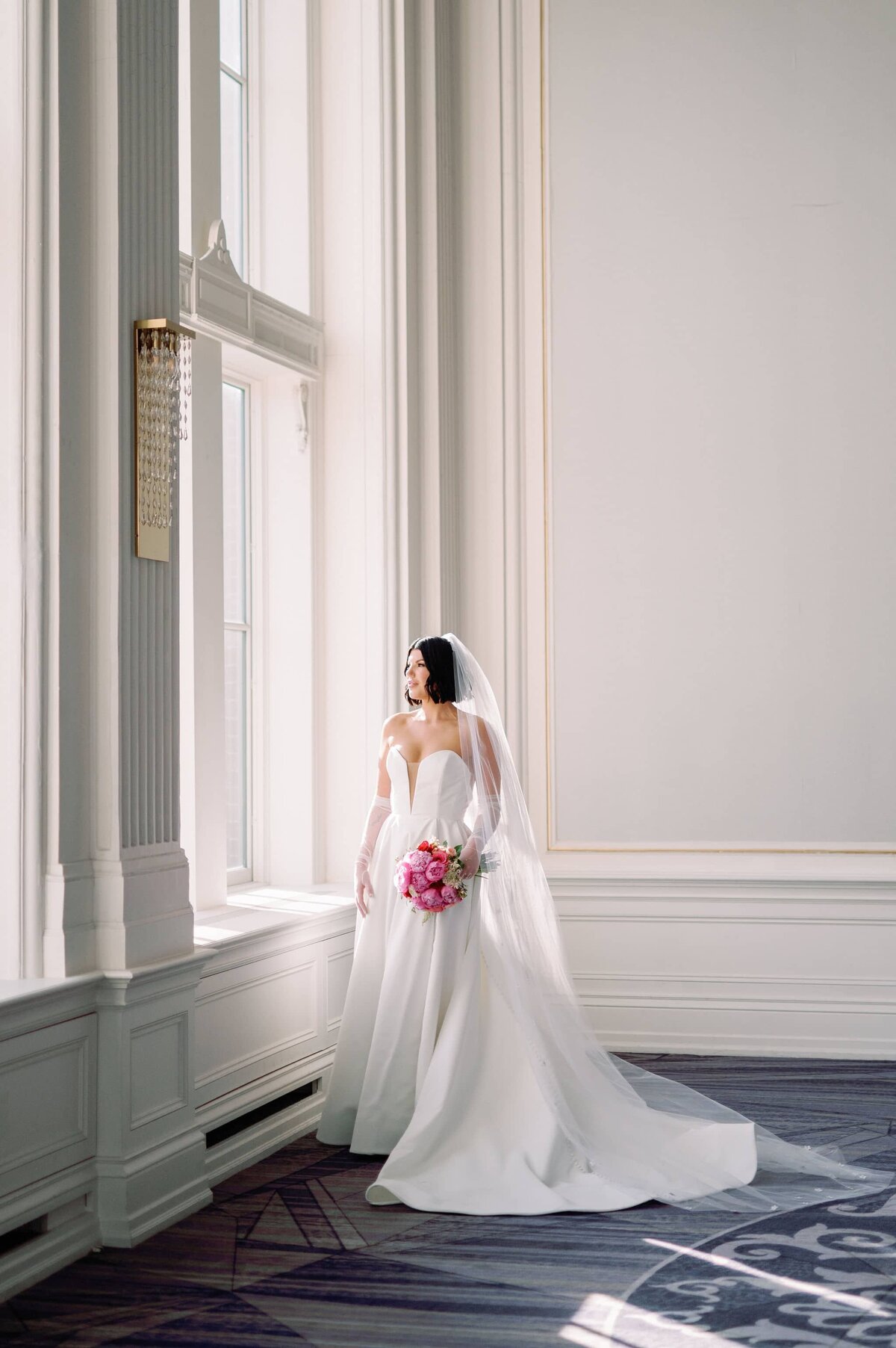 Editorial bride portrait in crystal ballroom omni king edward hotel toronto wedding venue jacqueline james photography