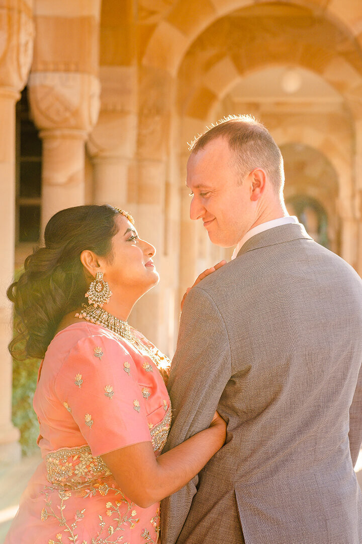 indian couple engagement session at UQ Great Court golden hour