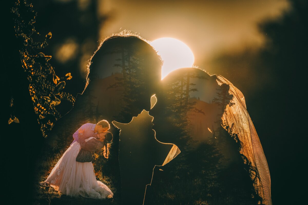 Elopement in Yosemite. Double exposure portrait bride and groom at the sunset