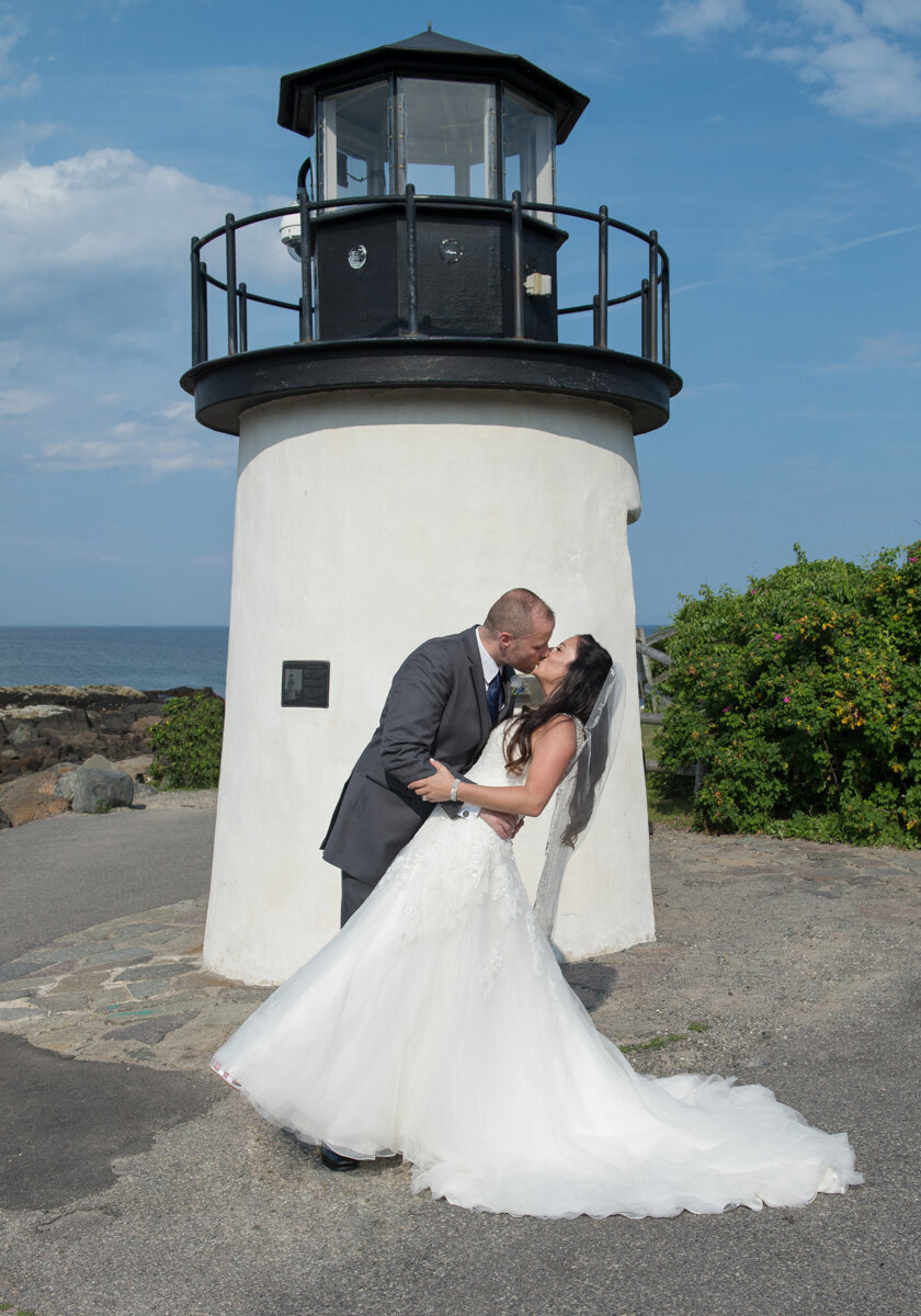 Bride and Groom Kissing at Lighthouse Ogunquit Maine