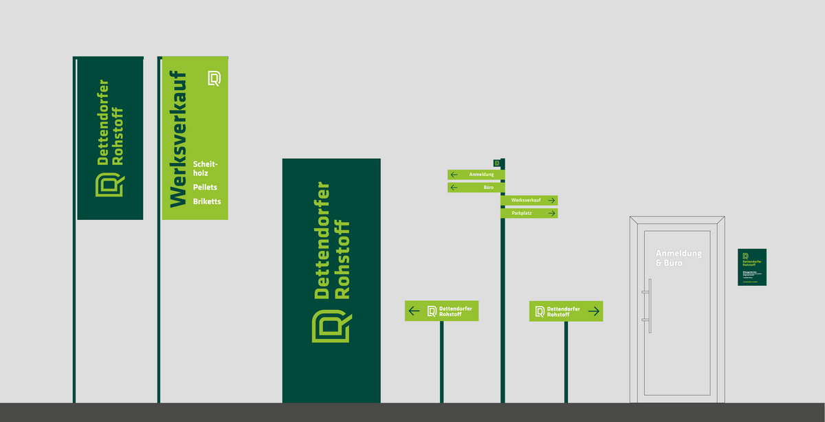 Visualisierung des neuen Beschilderungssystems – strukturiertes Designkonzept für Werksareale.