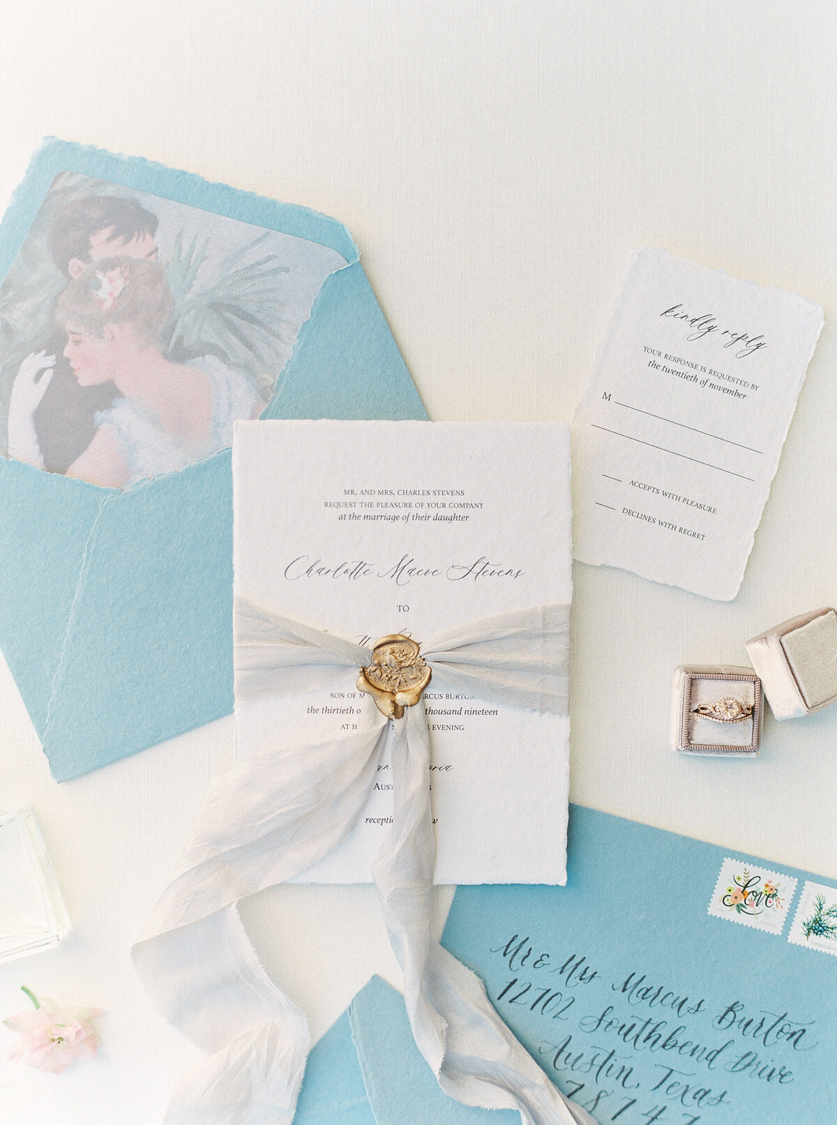 Impressionist French Wedding Invitation with Silk Ribbon and Wax Seal