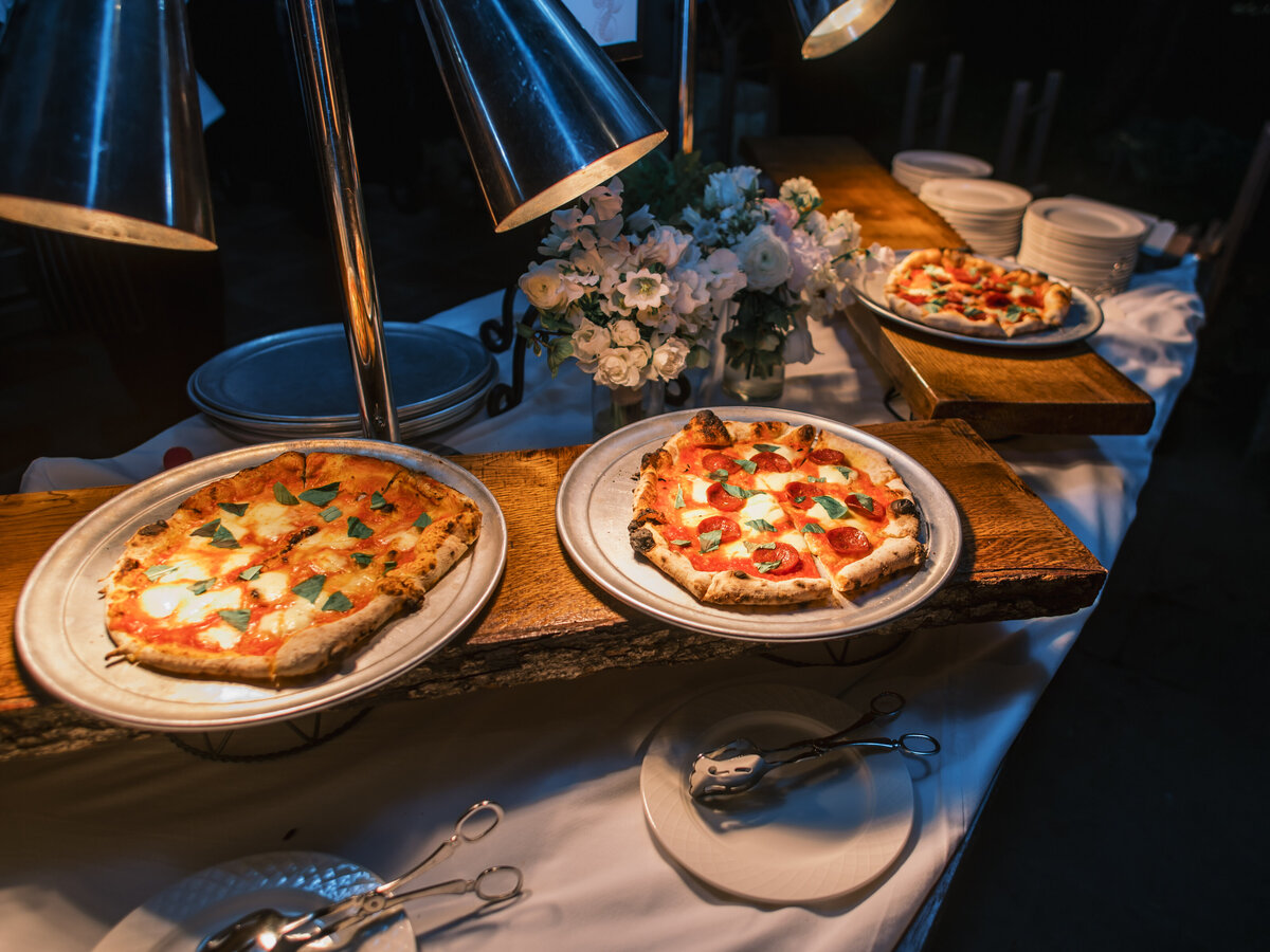  Wood-fired pizza displayed as a late-night wedding snack station at Old Edwards Inn in Highlands, North Carolina.