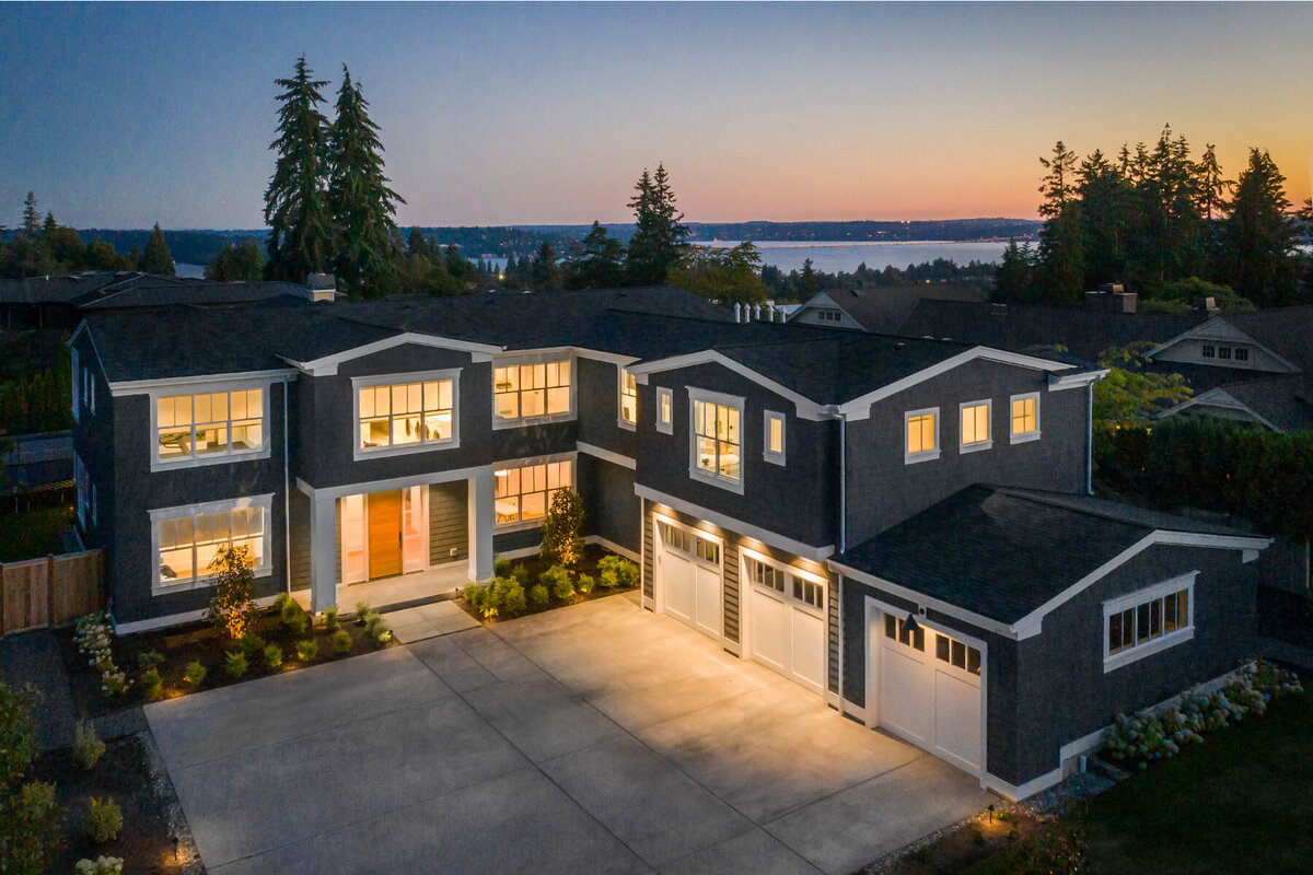 Twilight Aerial Residential Medina Home.  Sunset Lake Washington View of Real Estate.  Seattle  Real Estate Photography.