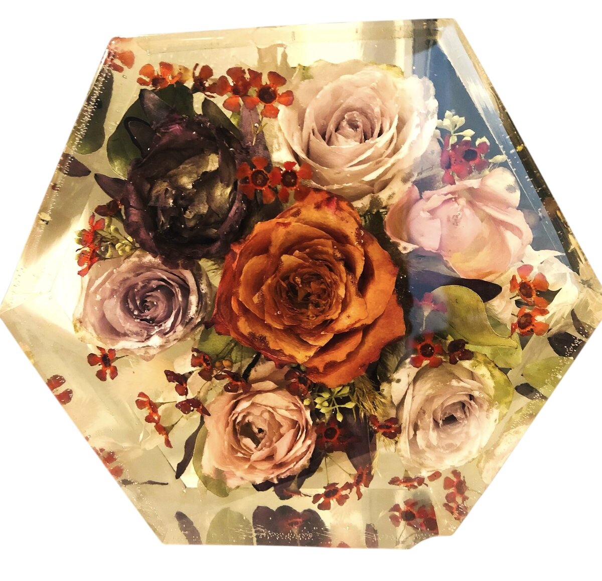 9” hexagon resin blocks with wedding flowers preserved as a family heirloom