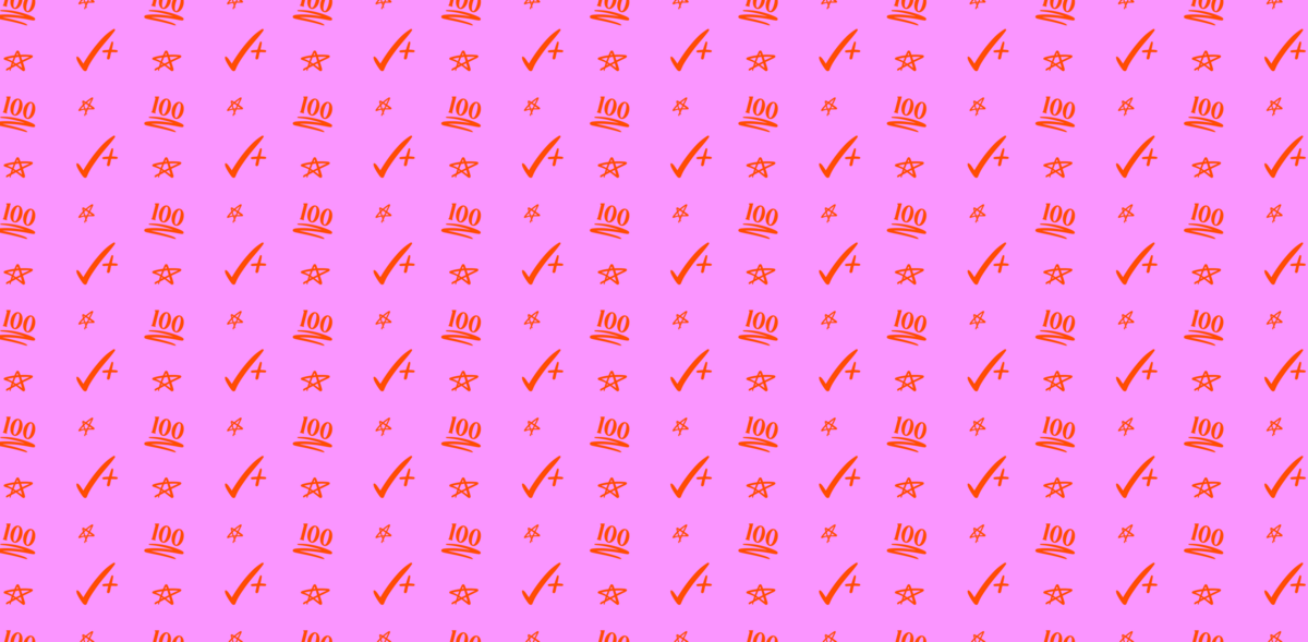 Repeating pattern of hand drawn 100s, check-pluses, and stars