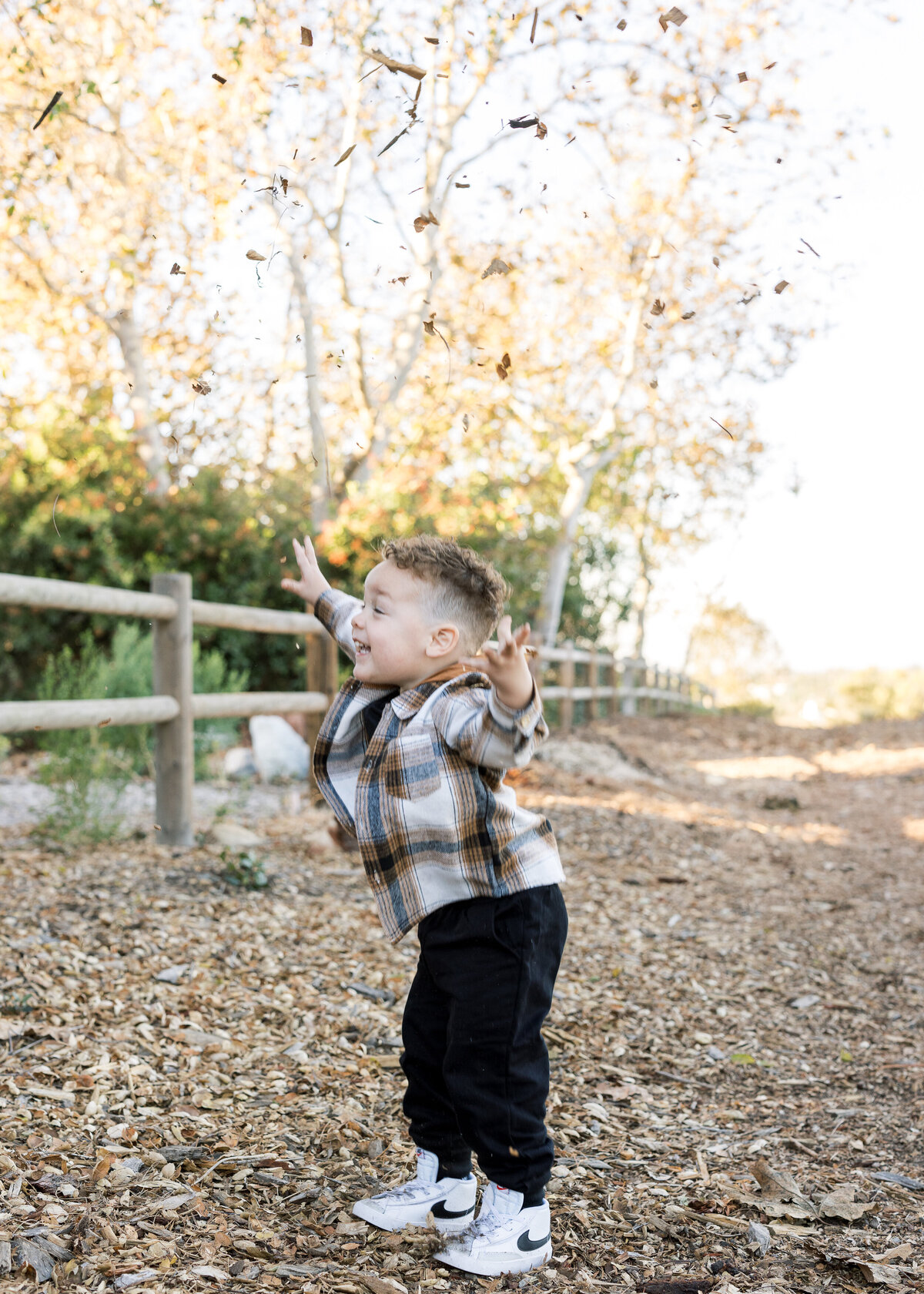 little boy playing in the leaves