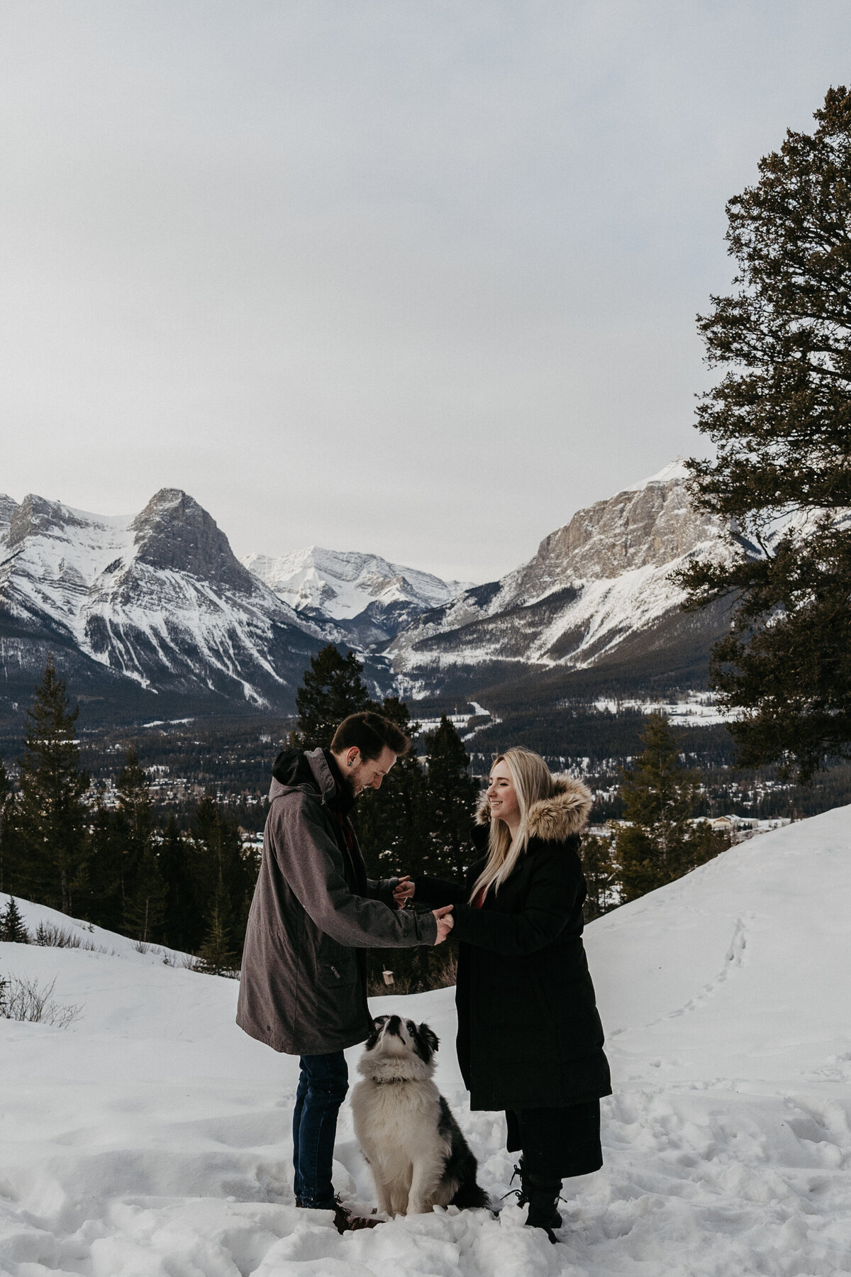 couple holding hands on snowy mountain with dog