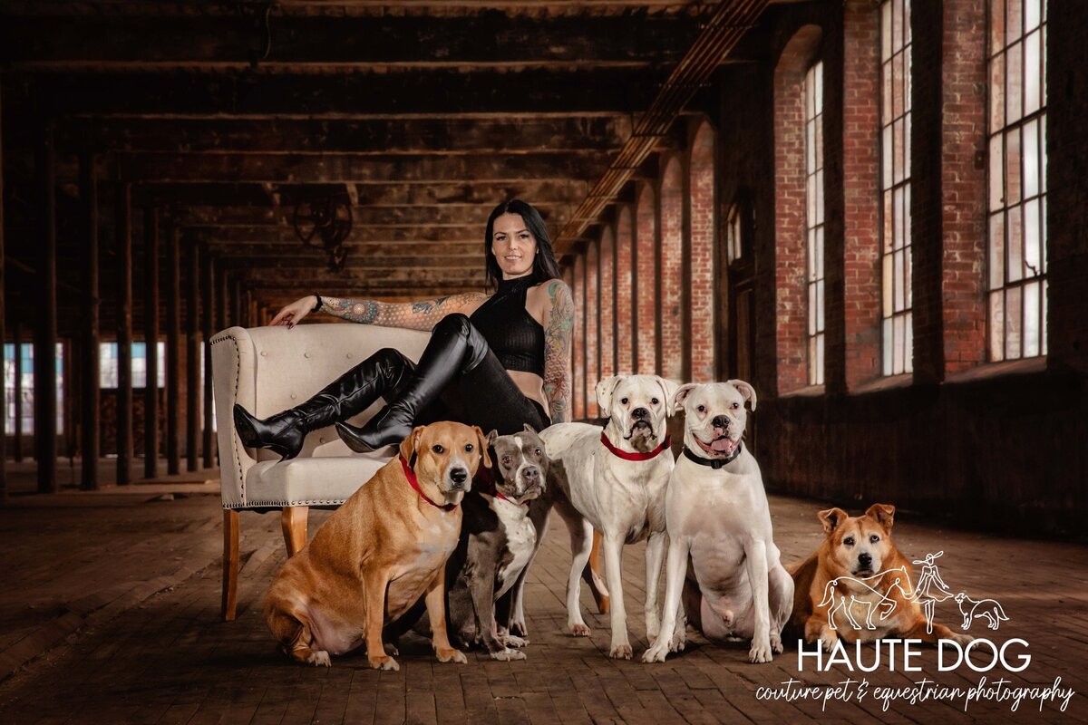 Tattooed woman posing on a couch at McKinney Cotton Mill, surrounded by her five dogs, who are sitting or lying down around her.
