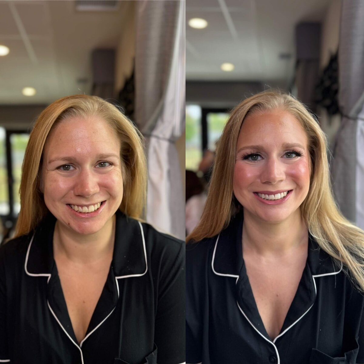 lovely bride showing the difference between her no makeup and bridal makeup look in Oshkosh Wi