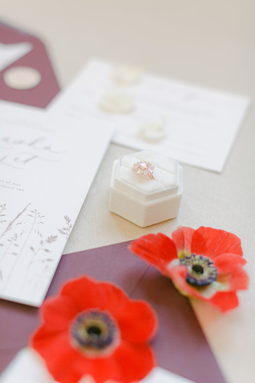190  - Written by Emily Wedding Stationary Planner - Maila Enea Wedding Planner - Dangle Crystal Drop Earrings - Swarovski Sunshine Rose Gold Ring - English Garden Rose - Red Poppy Flower - London UK - Joana Senkute Photography