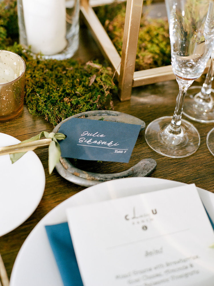 Custom table setting details with horseshoes at a Colorado wedding