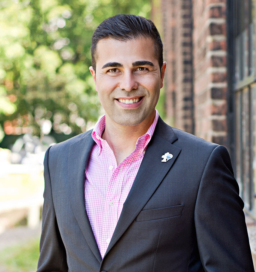 Realtor headshot pink top grey blazer