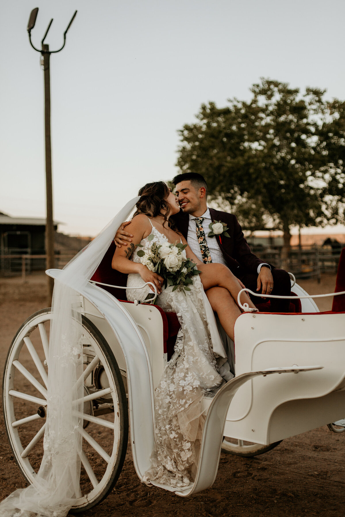 bride and groom sitting in a horse carriage