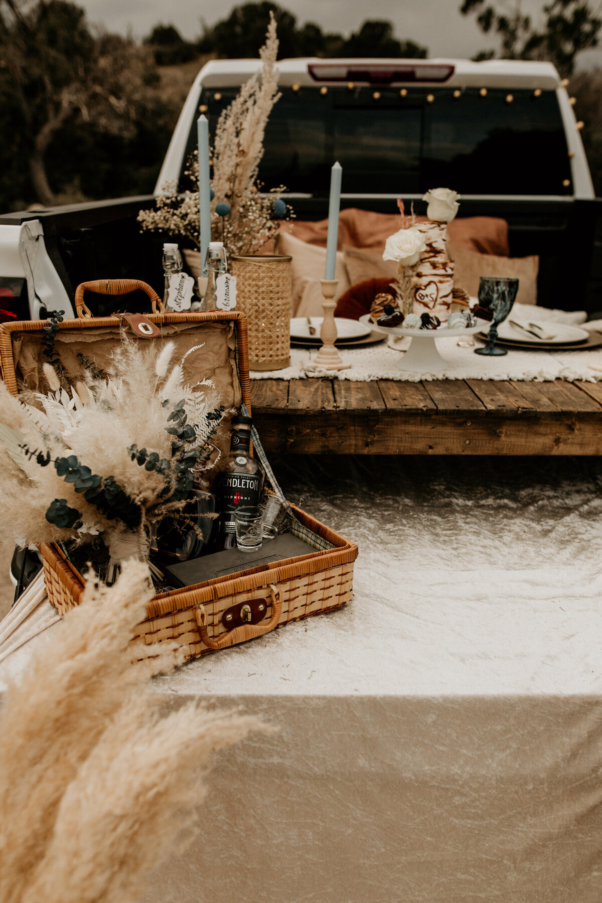 truck bed picnic setup from an elopement at the Sandia foothills in Albuquerque