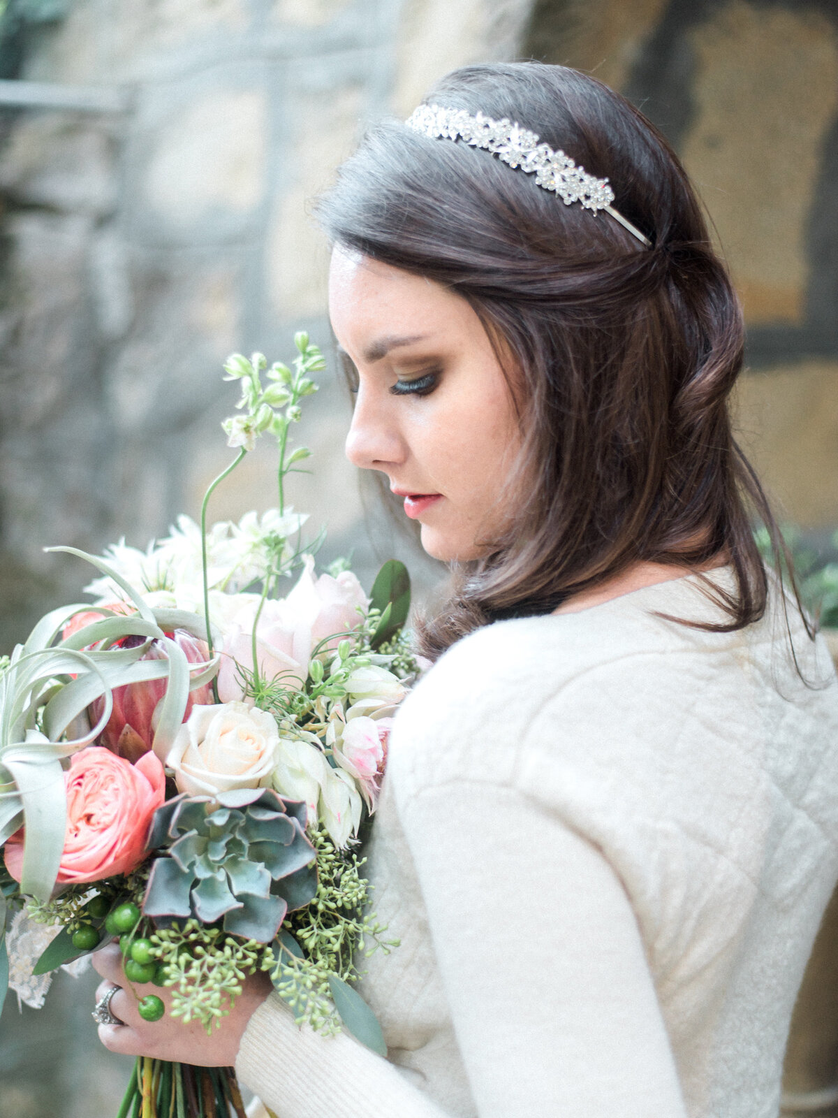 glamorous bride pale perfect skin green and nude shadows for her hazel eyes rosy pink lips and cheeks natural brows