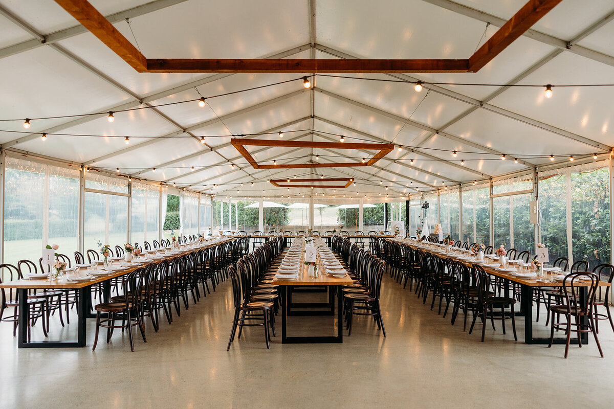 Wide shot of wedding reception marquee at Poachers Pantry.