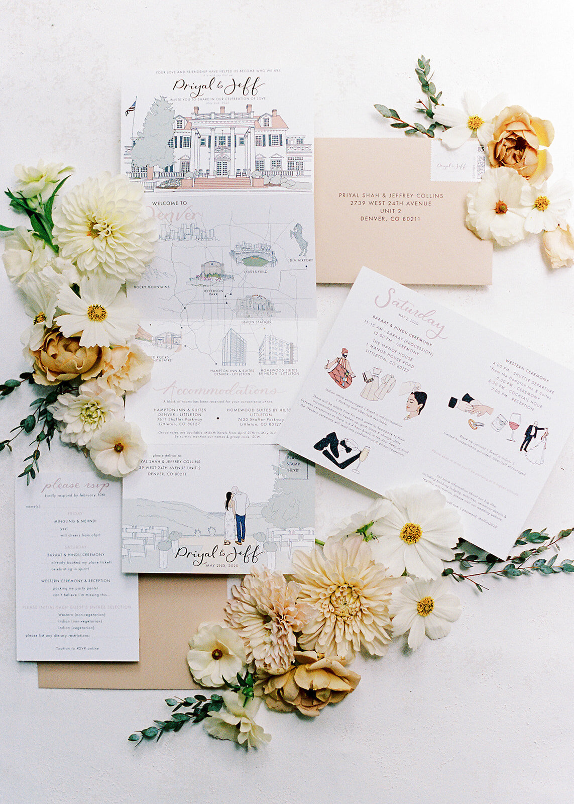 Custom wedding stationery with floral details