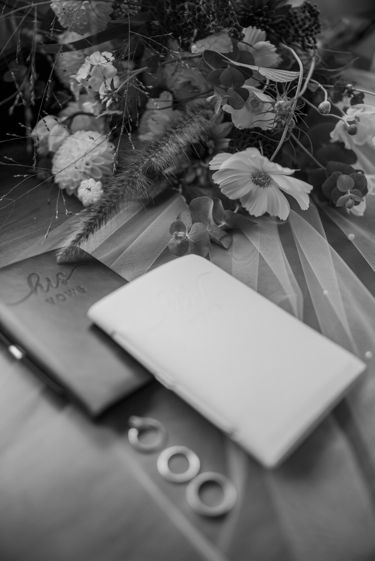 vows book with rings on the table