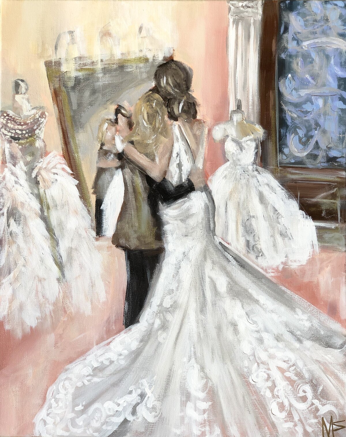 Commissioned painting by Miriam Shufelt, bride and mom in bridal shop